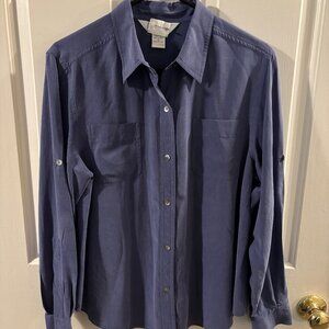 Petite Sophisticate Women's Blue Long Sleeve 100% Silk Button-up Blouse ~ 12